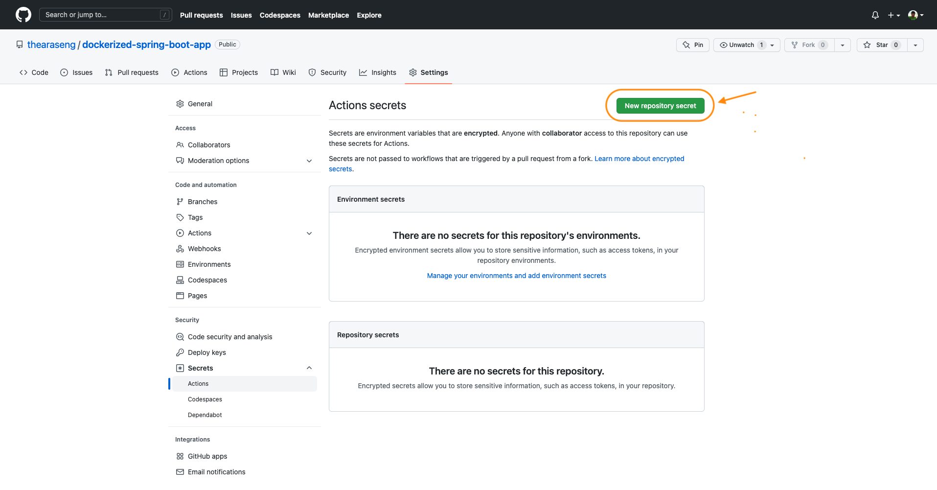 Github settings page